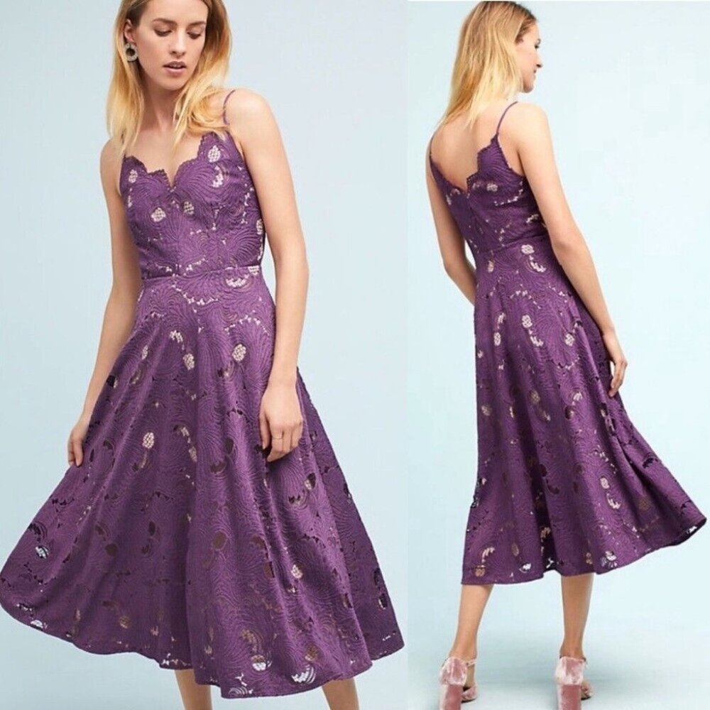 Anthropologie Moulinette Soeurs Purple Scalloped Lace Midi Dress - NWT - Size 0